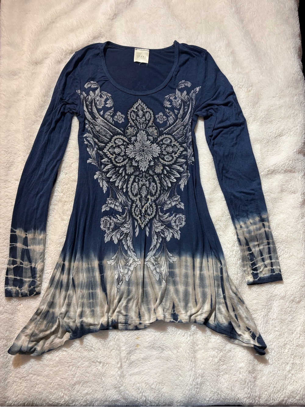 Vocal Navy and White Long Sleeve Tie-Dye Floral Tunic
